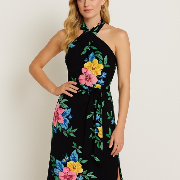 Ralph Lauren Dresses & Skirts - Lauren Ralph Lauren Floral Halter Midi Dress Wedding Guest Black Size 14